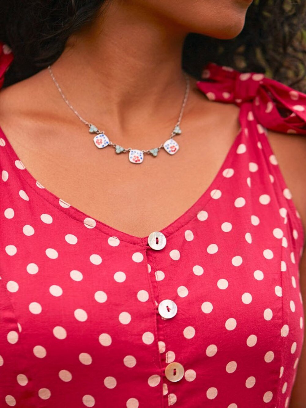 April Cornell Molly Dot Dress Cotton NEW Button Front Shoulder Ties Back Tie LG - Picture 4 of 4